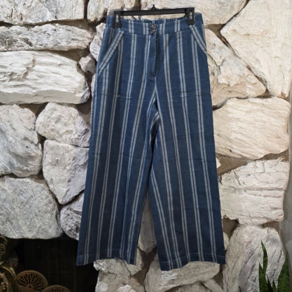 FRNCH Paris Trouser Blue Striped 100% Cotton Size M Pants  Women's Wide Leg